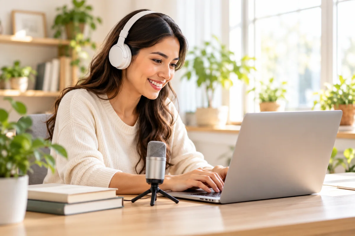 A contributor wearing headphones works from home