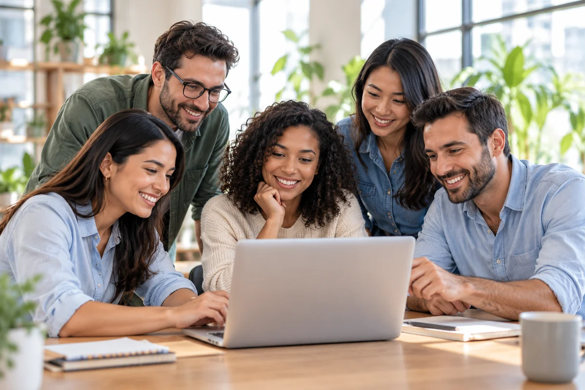 A group of contributors shares ideas around a laptop